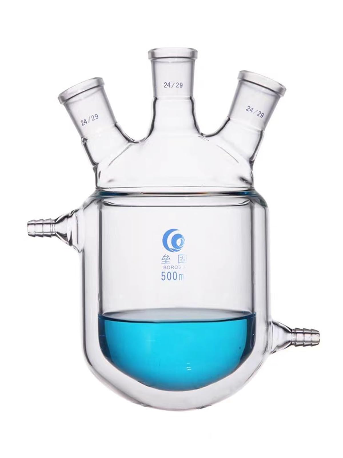 Frasco de reacción de Doble Capa de Laboratorio de Botella de reacción con Camisa de Vidrio de Cuatro Bocas de Fondo Redondo(500mL 24x24x24x24)