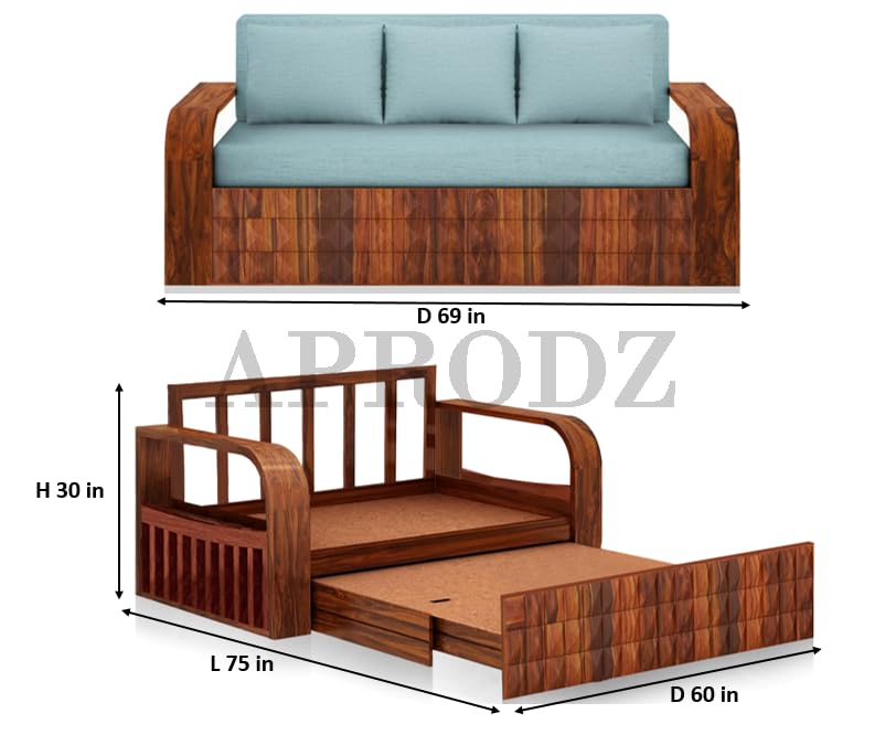Image of APRODZ Solid Sheesham Wood Sofa Cum Bed 3 Seater with Side Storage Velevt Fabric Cushions Perfect Sofa Furniture for Home Living Office Room and Guests (Honey Finish 75x69x30-Inch)