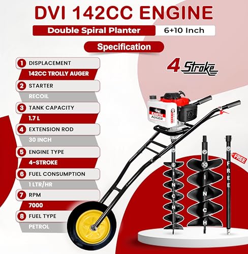 Image of DVI 142CC Trolley Earth Auger Machine, 4-Stroke Petrol Engine - with 6 Inch + 10 Inch Double Spiral Planter Bits & Free Extension Rod | for Plantation, Fencing & Post Hole Digging in All Soil Types.