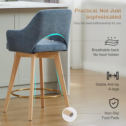 Image of Zesthouse Swivel Wooden Bar Stools Set of 2, Coastal Blue Counter Height Stools with Arm & Back, Upholstered Linen Fabric Barstools with Solid Wood Leg & Gold Metal Ring, High Chair for Kitchen Island