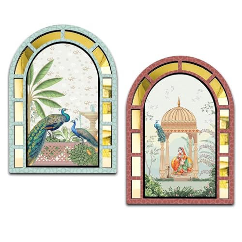 Decorative Mughal Art Wall Panels, Jharokha Style, 15.5 x 11.5 Inches, Set of 2, Peacock and Palace Design