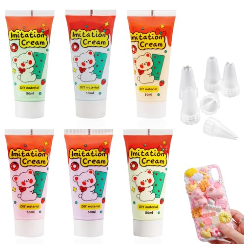 Set de Gel Crème Chantilly Simulation 6 Couleurs, Colle Crème avec Douilles, 50 ml Chacune, pour DIY Coque Téléphone, Barrettes, Bijoux, Décorations,...