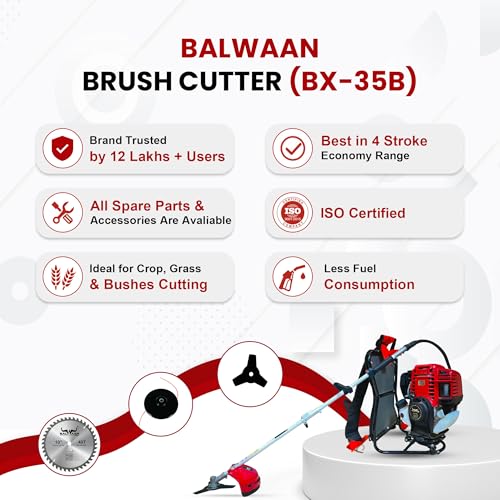 Image of Balwaan Krishi Brush Cutter | 35CC 4-Stroke Backpack Machine | Comes with 5 Attachments | 1 Year Warranty | Suitable for Grass Trimming, Lawn Trimming, Weeding & Cutting | Ariculture Machine | BX-35B