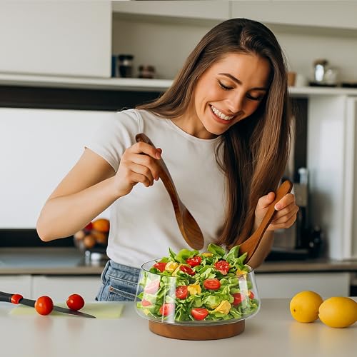 Salatschüssel-Set aus Glas mit Holzsockel - Elegante Servierschalen für Küchenutensilien und Partys