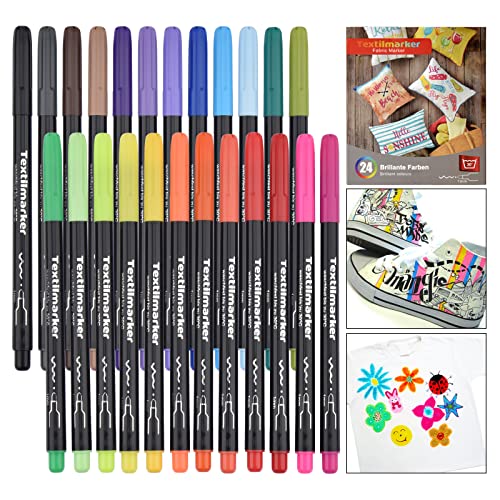 Willingood Waschmaschinenfeste Textilmarker, 24 Wasserfeste Textilstifte in Leuchtenden Farben, Permanent Marker, Stoffmalfarben für Schuhe T-Shirts Taschen Stoffbeutel und Verschiedene Textilien