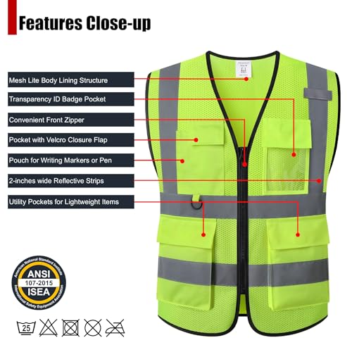 HATAUNKI Safety Vest for Men Women Hi Vis Vest with Pockets Mesh High Visibility Vest Meets ANSI/ISEA Standards (Yellow-20, Large)