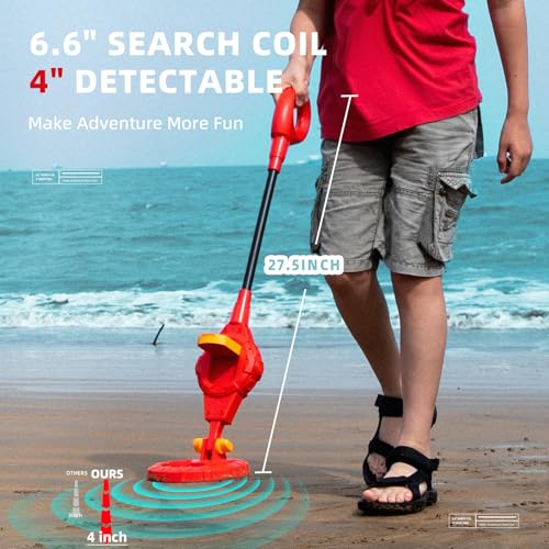 Image of PANCKY Metal Detector for Kids, IP68 Waterproof 3-10 Year Kids Metal Detector Kit with LCD Display, Automatic Sensitivity Adjustment, 6.6 inch Search Coil, 1.65lb Lightweight Boys Girls Gift, Red