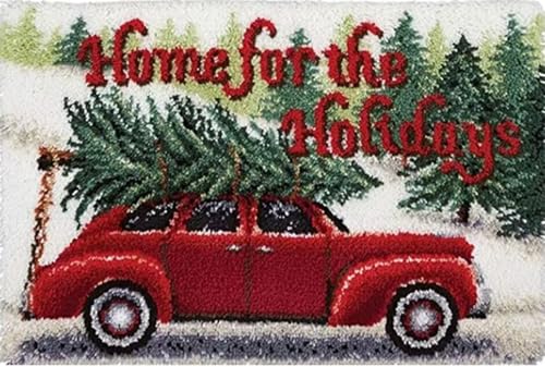 Image of Howie's Latch Hook Kits for Adults, DIY Christmas Latch Hook Kit Rug Crochet Yarn, Color Preprinted Pattern Embroidery Decoration(Christmas Tree in the Car, 19.69 x 14.96 inch)