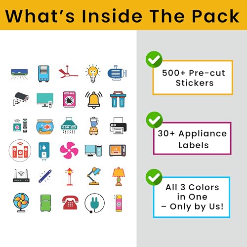 Image of SOLOBOLO Vinyl 500+ Switch Board Button Self Adhesive Stickers For Plastic Surface for Home,30+ Icons for Fan Light Fridge AC,3 in 1 Gold,Rose Gold & Colourful Labels for Switchboard,15 cm