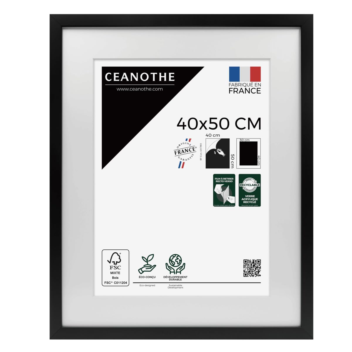 Ceanothe Cadre Photo 40x50 cm en Bois FSC Noir Passe-partout 30x40 cm - Convient au A3 Design Effet Caisse Collection MILAN Verre acrylique Incassable Fabriqué en France