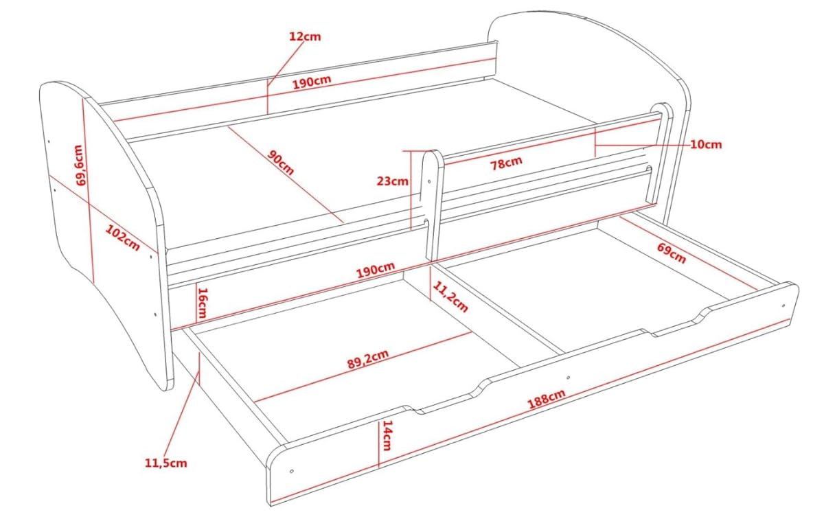 Lit Enfant Super Chien 190x90cm avec Matelas et Tiroir Barrière Antichute Confortable Durable