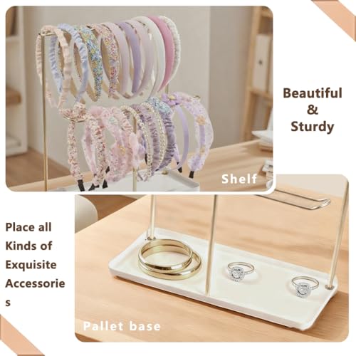 Image of Headband Holder Organizer Metal 2-Tier with Tray, Necklace Storage Hairband Rack Hair Accessories Display Stand Stand Home Bedroom College Dorm Decor for Girls Women (Gold)