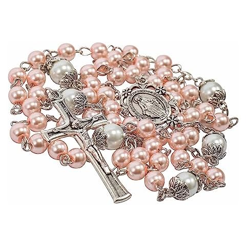 Nazareth Store 6mm Pearl-like Glass Rosaries with White Mystery Beads & Miraculous Medal | Includes Purple Velvet Bag - Stunning Prayer Beads for Spiritual Devotion (Pink) Cover