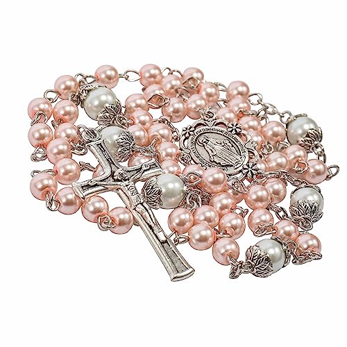 Nazareth Store Pearl Beads Rosary Necklace White Our Father Beaded Rosary Lourdes Medal & Cross Crucifix Spiritual Handmade Rosaries for Men and Women