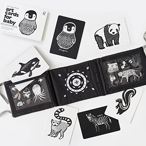 Image of Black & White Animals Tummy Time Gallery & Art Cards Set, High Contrast Soft Play Mat for Babies with Card Pockets, Contrast, Sensory Toy, Visual Activities, Tummytime Skills, for Travel & Nursery