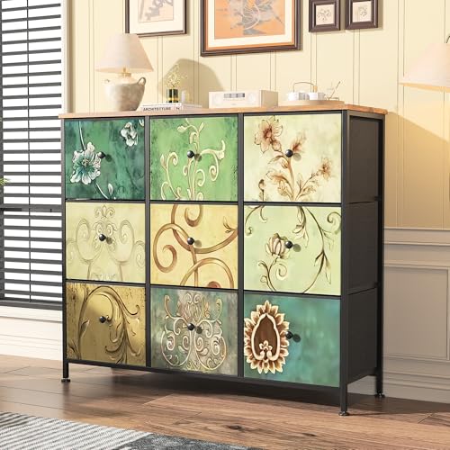 FOERPL Commode pour Salon,Meuble de Rangement avec 9 Tiroirs en Tissu,Chiffonnier Rétro - Structure en Métal,Plateau en MDF Bois,Série Fleurie