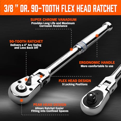 Image of HORUSDY 3 /8 inch Drive 90-Tooth Flex Head Ratchet Handle, 180 Adjustable CR-V Ratchet with Quick Release & Reversible Switch, 4 Swing Arc Socket Wrench for Automotive, Bike & DIY Repair