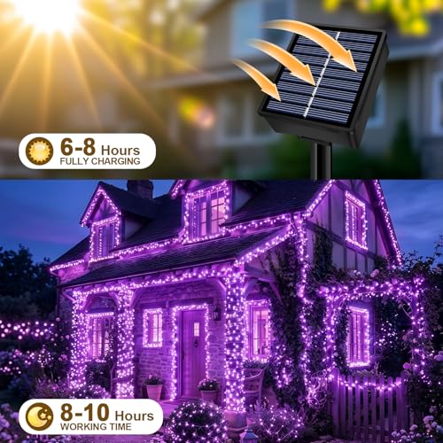 Solar String Lights 2 Pack Total 66FT 200LED Solar Fairy Lights Outdoor Waterproof 8 Lighting Modes Twinkle Lights for Patio, Garden Yard Party Wedding Tree Christmas Halloween Decoration, Purple - image 3