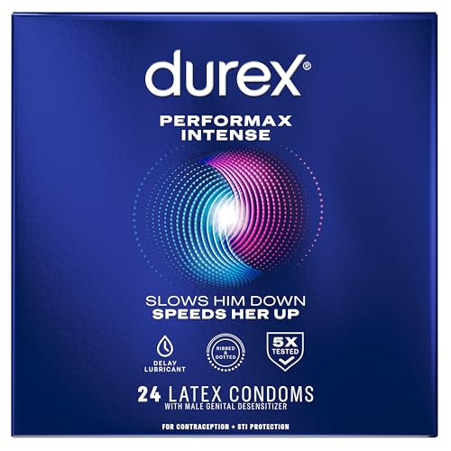 Durex Performax Intense Natural Rubber Latex Condoms, Regular Fit, 24 Count, Contains Desensitizing Lube for Men, (Packaging May Vary)