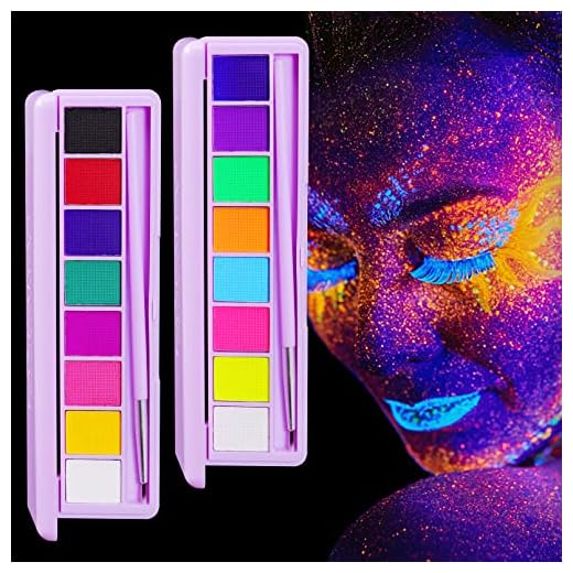 2Pack Water Activated Eyeliner Palette,Matte & UV Glow Graphic Eyeliner,Rainbow Colorful Hydra Eye Liner with Eyeliner Brush,Neon Face Paint Makeup Palette,Fluorescent Black White Body Paint,16 Colors