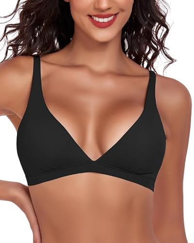 Image of Cavotor Womens Triangle Bras Comfortable No Underwire Sexy Plunge Unlined Bralette Pull On Bra V Neck Seamless Soft Everyday Tshirt Bras with Smooth Back (Black,S)