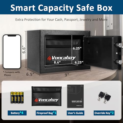 Voncabay Money Safe Box for Home with Sensor Light & Fireproof Money Bag - 0.23 Cubic Feet Security Safe Box with Digital Keypad, Keys & Pass Code Lock Black