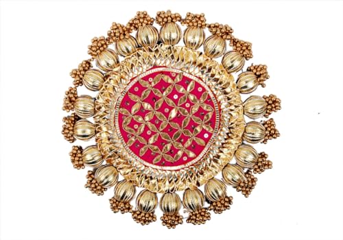 Image of Handmade Gota Patti Work Plate, Table Decor & Versatile Base for Statues, Gods, Plants | Craftsmanship with Golden Moti Detailing, Ideal Gift for Diwali, Birthdays, Housewarming