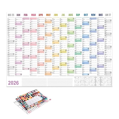 Calendario de pared 2026 – 74,2 x 52,5 cm planificador mensual creativo | Organizador de papel de vacaciones simple – estudio, trabajo, eventos destacados en casa, oficina y aula