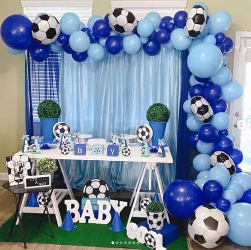 Image of Soccer Balloon Arch Kit, 4D Football Foil Ballons Royal Blue White Silver