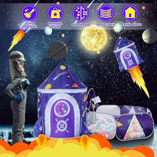 LOJETON 3pc Space Ship Kids Play Tent, Crawl Tunnel, Ball Pit for Toddlers, Indoor & Outdoor Playhouse Castle Toys, Baby Boys Girls Gift for 3 4 5 6 7 Years Old (Balls Not Included)