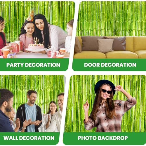 Image of Matte Lime Green Tinsel Foil Curtains Backdrop Party Decorations