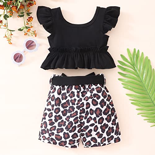 Nubeehoho Toddler Baby Girls Summer Outfits Set Kids Ruffle Sleeve T-Shirt And Leopard Shorts Pants Tracksuit Summer Clothes Set Size 2T/6685 #TOP2