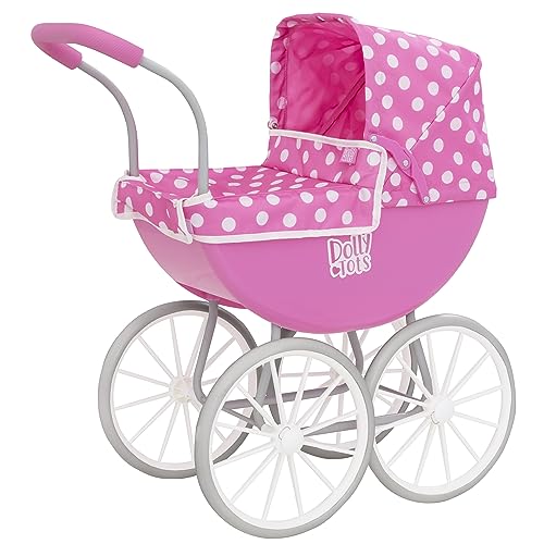 Dolly Tots Mein erster Kinderwagen | Puppenwagen im traditionellen Stil | Hochwertiger englischer Transportwagen | Kinderwagen zum Schieben mit weißen Rädern und passender Bettwäsche | ab 3 Jahren