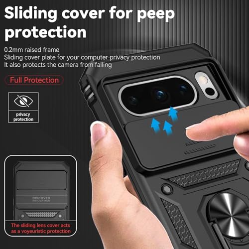 Image of Scalebee Google Pixel 8 Pro Case Cover, Black | Heavy Duty Rugged Armor, Slide Camera Shield, 360 Rotated Ring Kickstand, Slim Fit Shockproof Bumper
