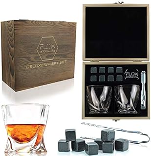 FLOW Barware Twist Whiskey Glasses Gift Set | Whisky Gift Set with 2 Glasses, 8 Whiskey Stones, Stainless Steel Tongs & Velvet Storage Bag in a Handcrafted Wooden Box | Whiskey Gift Sets for Men