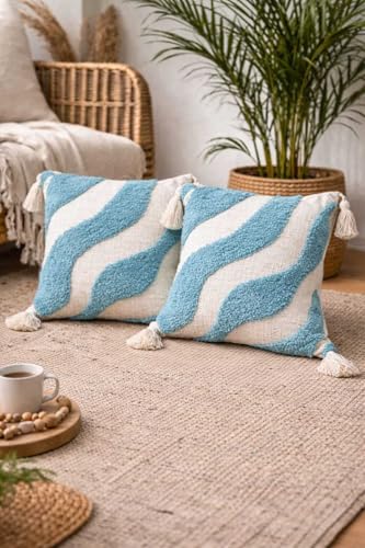Image of Cushion Cover Pack of 3 (16x16 Inches) | Cotton Textured Decorative Throw Pillow Case for Sofa Bed Living Room Tufted Cushion Cover with Tassels (Blue & Off White)