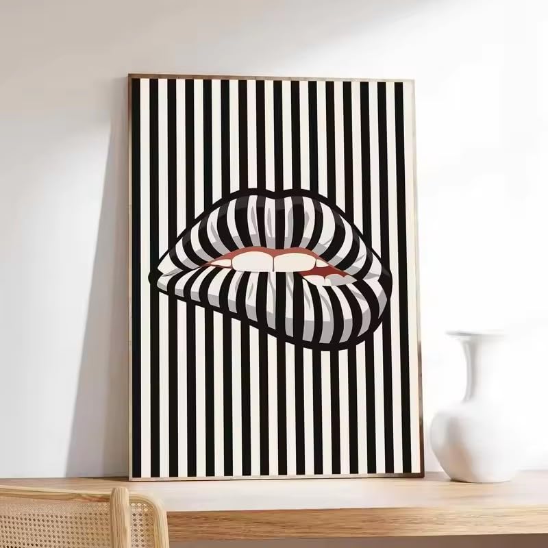 LIRHIQYGF Einfaches und abstraktes gestreiftes, lippenförmiges Leinwandposter, Wandbild, moderne Wohn- und Schlafzimmer-Inneneinrichtung (80 x 120 cm/rahmenlos)