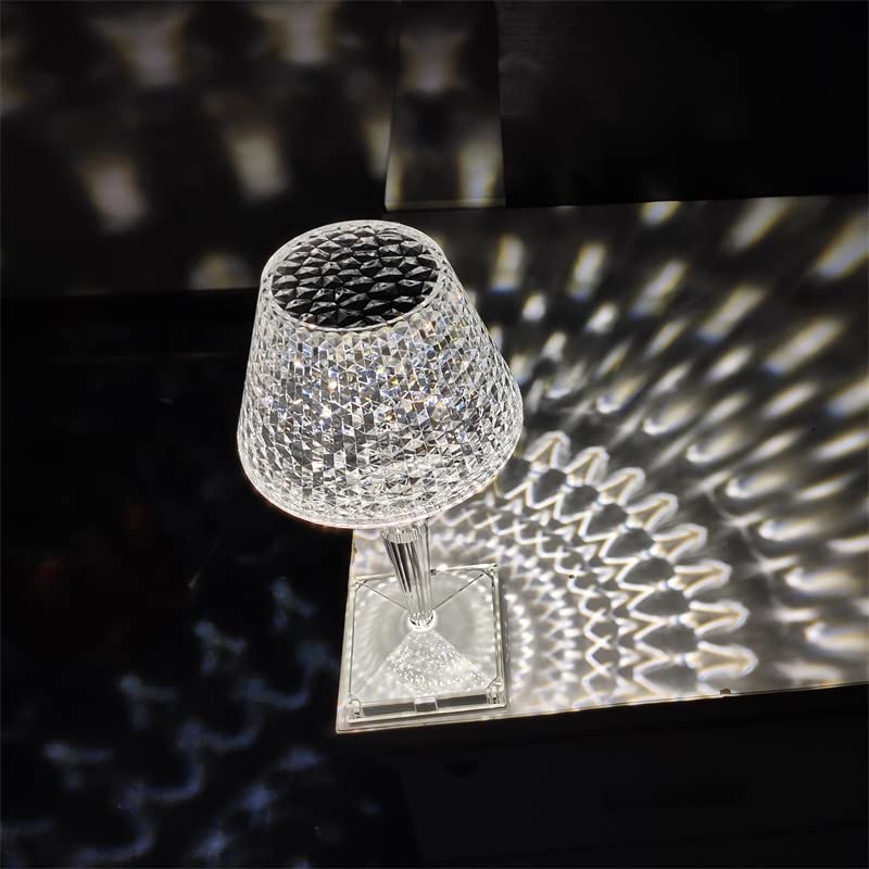Image of Home Diamond Crystal Acrylic Table Lamp, Decorative Nightstand Light with Elegant Lamp Shade, Dimmable Color Touch Control USB Rechargeable, Bedside Desk Light for Living Room Bedroom Decor