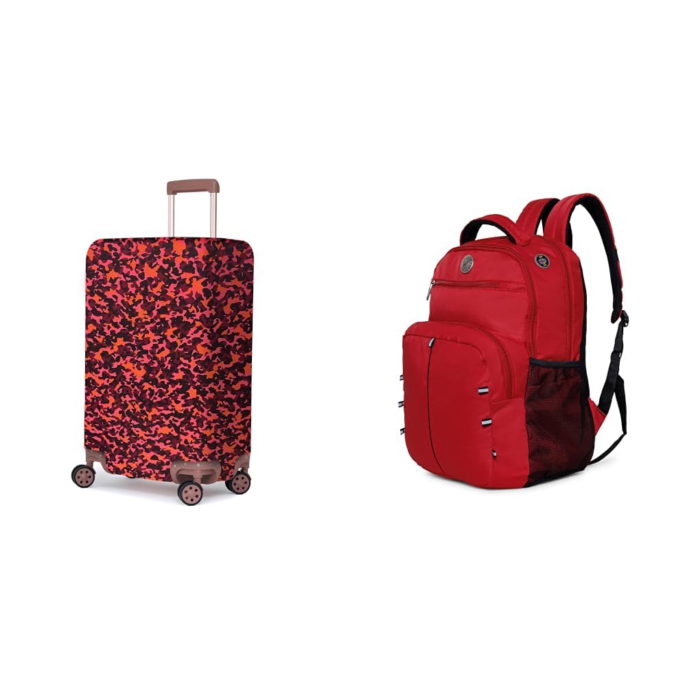 polyester fabric stretchable & washable protective luggage cover universal medium check + global 25.91 liters water repellant 17.32" laptop backpack with rain cover for casual,