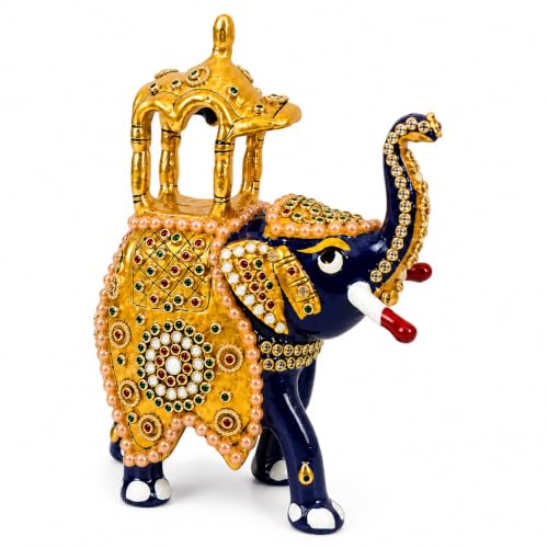 Image of eCraftIndia Handcrafted Blue Elephant Howdah Showpiece with Kundan Work for Home Decor, Decorative Royal Elephant Figurine, Traditional Rajasthani Statue for Living Room & Office