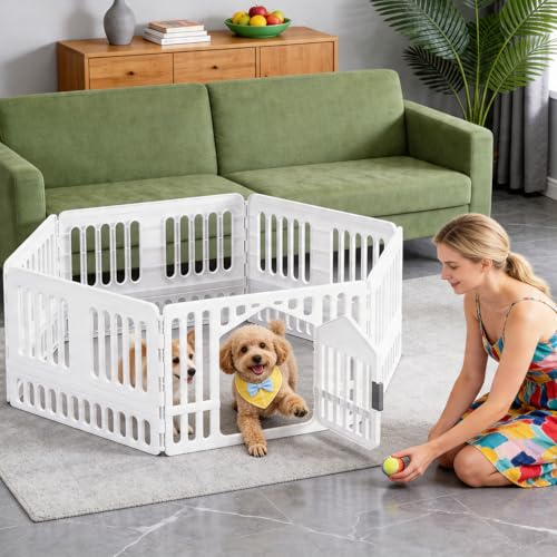 Image of BestPet 24 Inch Dog Playpen, 6-Panel Plastic Pet Playpen with Door, Indoor Puppy Exercise Pen, Large Space Dog Fence for Small Medium Dogs, No Assembly Required, White