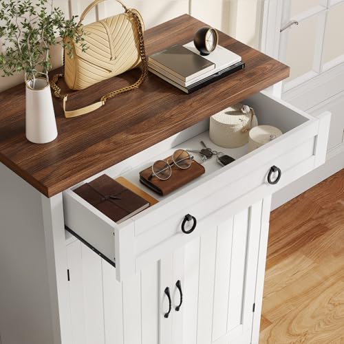 DWVO 5-Tier Shoe Storage Cabinet, Farmhouse Shoes Rack Cabinet with Adjustable Shelf, 43" Tall Shoe Organizer with Drawer & Doors for Entryway Hallway Living Room Closet (White)