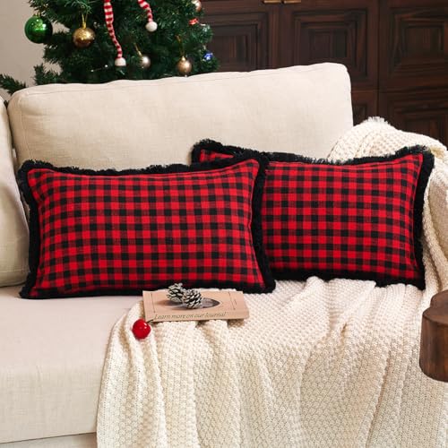 CARRIE HOME Outdoor Christmas Pillow Black and Red Buffalo Plaid