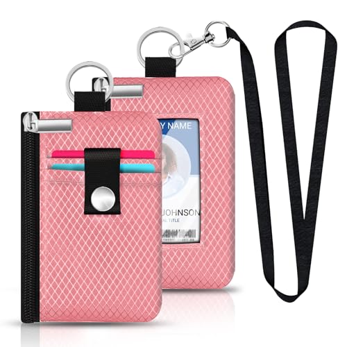 Image of Minimalist RFID Blocking Small Wallet with ID Window,WaterResistant Zip Id Case Wallet with Lanyard Keychain for Cards,Cash,Travel,Women,Men (Pink)