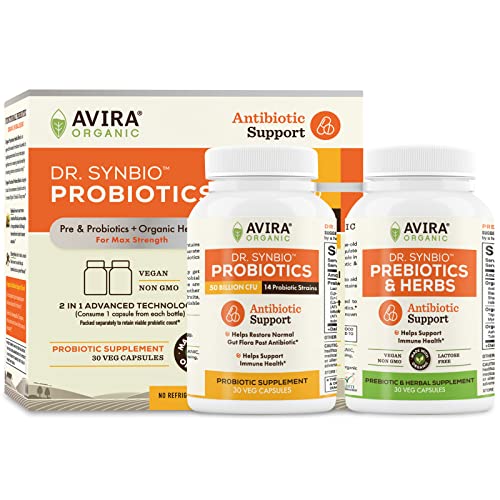 Dr. Synbio Antibiotic Support Probiotics & Organic Prebiotics – Triphala & Chicory, 50 Billion CFU & 14 Multiple Strains, Helps Restore Normal Gut Flora & Support Immune Function, Delayed Release