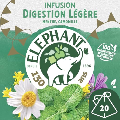 Elephant, Infusion Digestion légère, Goût Menthe, Camomille et Rooibos, Certifié Rainforest Alliance, Ingrédients d'Origine 100% Naturelle, 20 Sachets Pyramid
