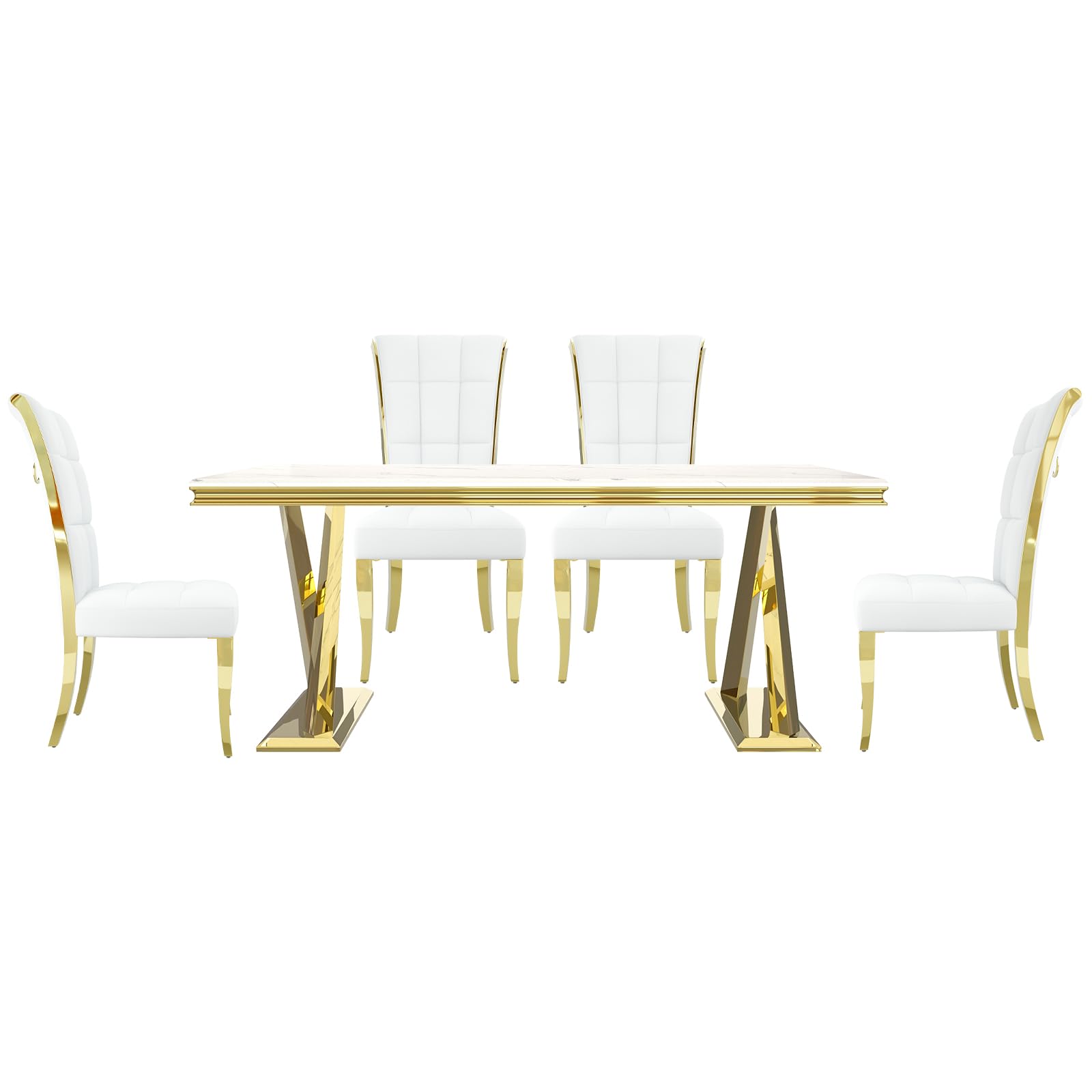 5-Piece Dining Table Set, White Gold Dining Table with Polished Double X Base and White Dining Room Chairs with Gold Metal Ring Pull, Luxury Dining Room Set for 4