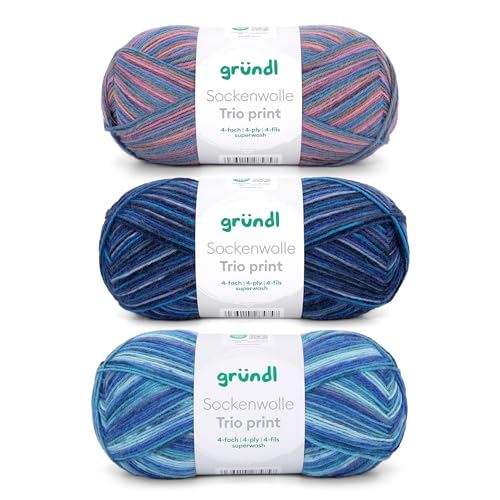 Gründl Wolle Sockenwolle Trio - Strickgarn für 3 Paar Socken - Strapazierfähig und hautfreundlich - 75% Schurwolle 25% Polyamid - 3 Knäuel 100 g / 420 m - Nadelstärke 2 5-3 - blau flieder rosa