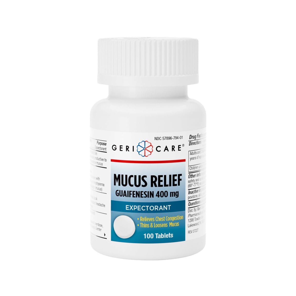 Mucus Relief Tablets by Geri-Care | Expectorant for Chest Congestion Relief | Guaifenesin 400mg | 100 Count Bottle