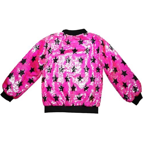 Girls Hot Pink Bomber Jacket with Stars Flip Sequin - Side Pockets, Metallic Zipper with Silver Star Slider2